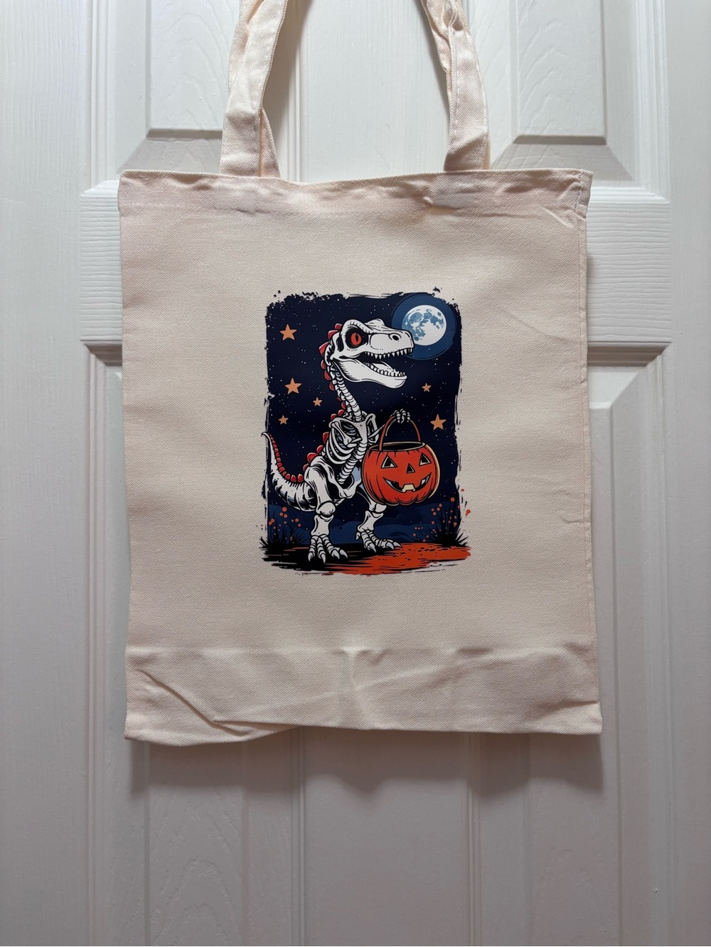 Halloween Skeleton T-Rex Canvas Tote Bag - Cream Spooky And Fall Vibes